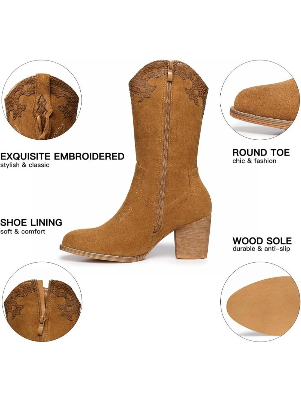Women's Camel Western Country High Heel Boots Suede Zipper Mid Calf Booties - Picture 4 of 6